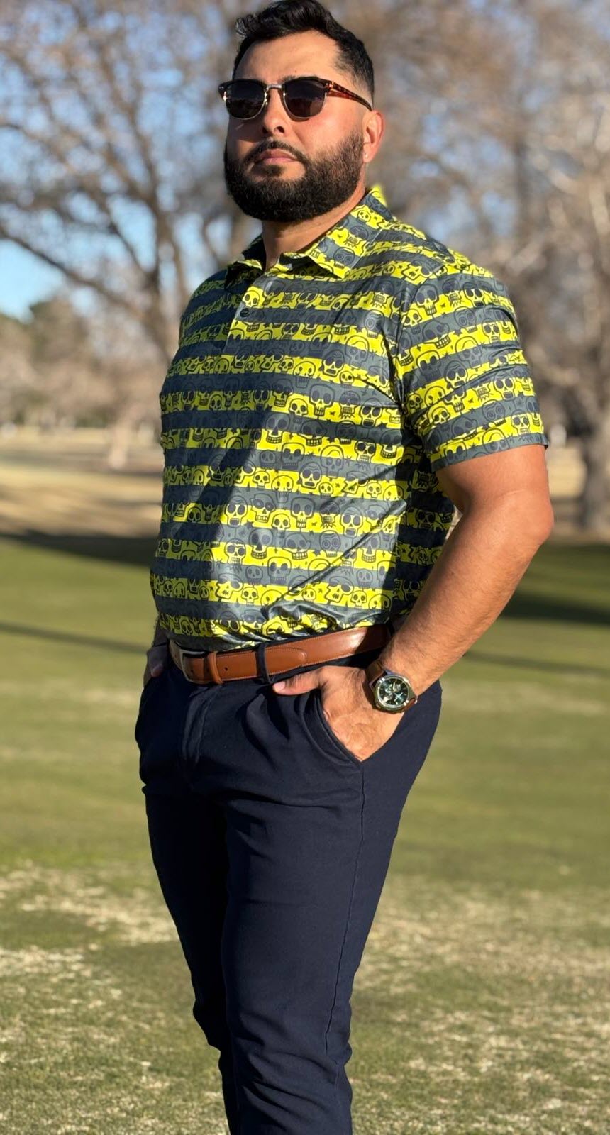 Skull Polo Black Yellow Stripes